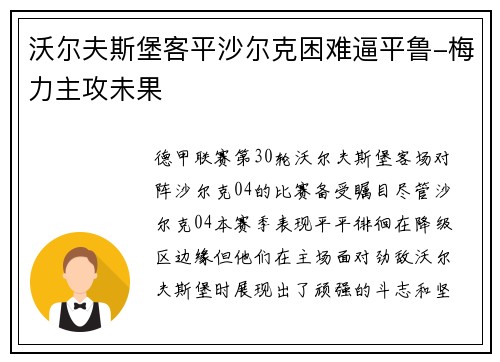 沃尔夫斯堡客平沙尔克困难逼平鲁-梅力主攻未果