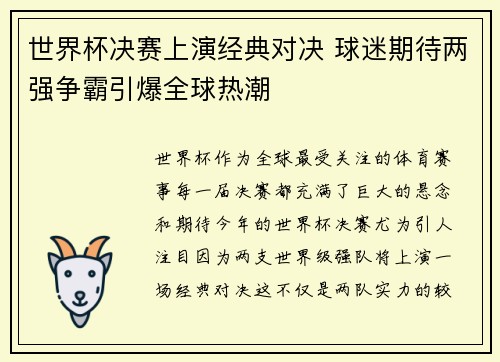 世界杯决赛上演经典对决 球迷期待两强争霸引爆全球热潮